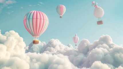 Fototapeta premium A colorful hot air balloon is flying through a cloudy sky