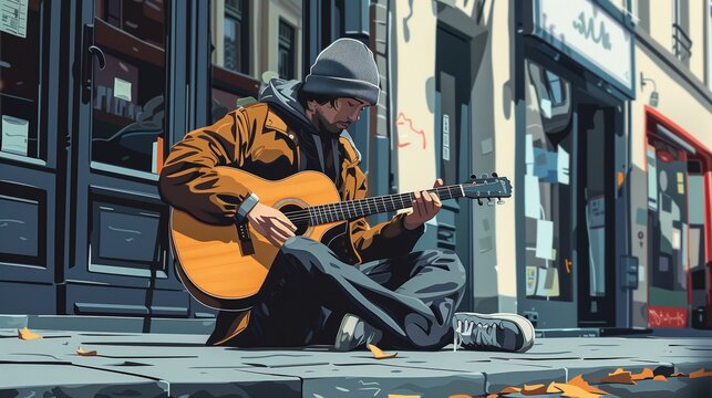 Street musician plays guitar on sidewalk. Vector illustration design.