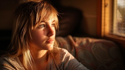 Stunning Indoor Portrait of Girl in Sunlight: A Radiant and Beautiful Vision. Showcasing Grace and Charm.