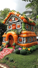 Creative mansion made out of sushi, mix of sushi and architecture, made of sushi rolls, fun atmosphere,