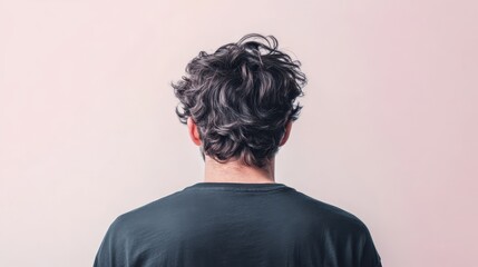 This head-and-shoulders portrait captures a young man from behind, showcasing his curly hair against a solid pink background, highlighting a modern, creative style.