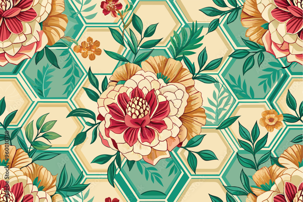Poster A continuous pattern of hexagonal lattice interspersed with elegant floral motifs, creating a harmonious design.
