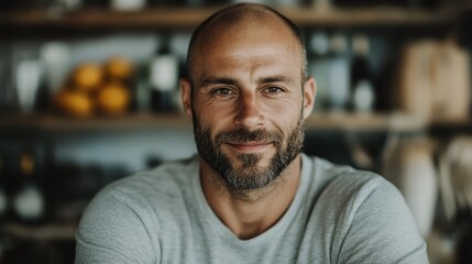 Obraz premium A bald man with a beard and a relaxed demeanor sits inside a cozy bar, wearing a gray shirt. The background is softly blurred to highlight his calm expression.