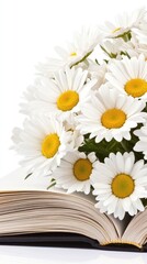 Obraz premium An open book lies flat with two delicate daisies placed gently on its pages, presenting a serene and inviting atmosphere ideal for nature lovers and readers