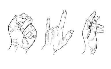 Illustration Hand drawn Set Human hand Action Sketch ink style on white background.