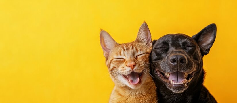 Vet banner with pets and copy space for text. Dog and cat smiling with happy expression and closed eyes. Isolated on yellow background - Powered by Adobe