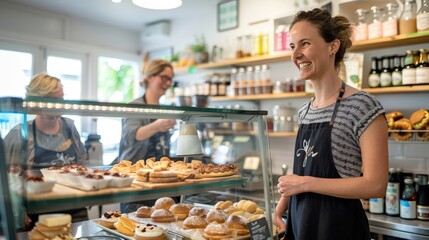 Friendly barista serving customers at cozy bakery, fresh pastries coffee on, warm welcoming, stylish interior design, perfect for casual coffee break or treat, interaction between staff customers.