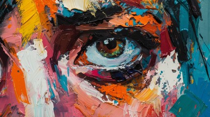 Fototapeta premium A vibrant abstract close-up of a painted eye surrounded by bold, textured brushstrokes. The explosion of colors and thick paint application create a dynamic and energetic artwork.