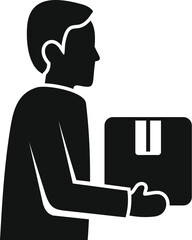 Delivery man holding parcel, side view, silhouette icon