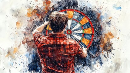 Colorful artistic depiction of a man playing darts, aiming at the dartboard. Dynamic and vibrant color splashes in the background.