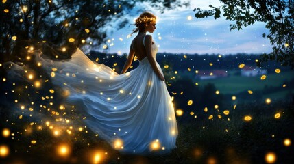 A woman in a white dress standing in a field of fireflies