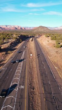 Vertical Drone Shot of Traffic on Arizona 89a State Route Between Sedona and Cottonwood