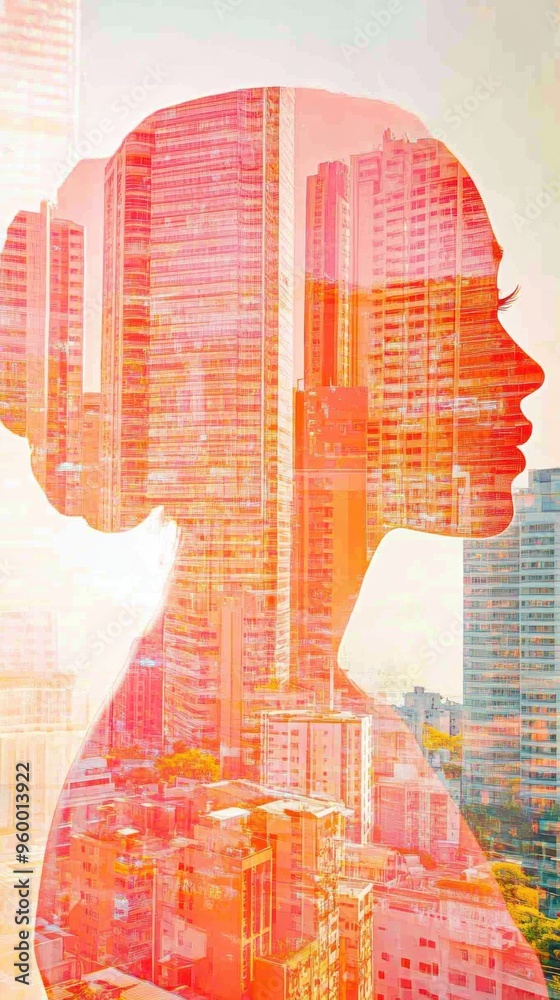 Wall mural A double exposure photo of a woman's profile with buildings in the background