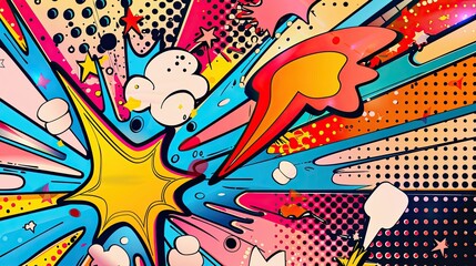 Fototapeta premium Comic book wallpaper with starbursts speech bubbles and colorful halftone dots