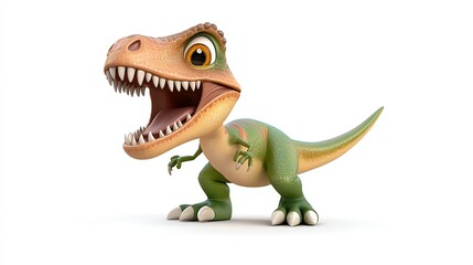 Fototapeta premium Cute cartoon T-Rex dinosaur with an expressive face on a white background, perfect for kids' educational and entertainment content.