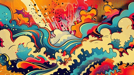 Playful wallpaper with colorful waves comic book-style explosions and polka dots