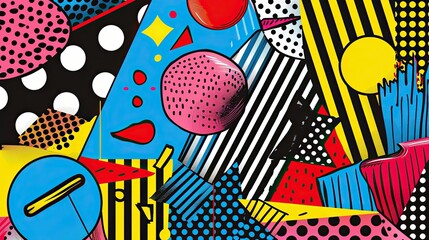 Obraz premium Pop art wallpaper with abstract geometric shapes polka dots and bold outlines