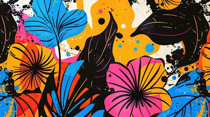 Fototapeta premium Wallpaper with neon floral shapes bold black outlines and comic book design