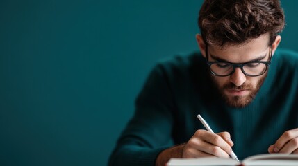 Focused young man wearing glasses and a dark green sweater, absorbed in studying a book at a desk, representing concentration, hard work, and the pursuit of knowledge.