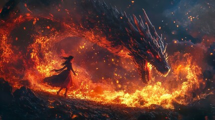 Naklejka premium A fierce red dragon with large, fiery wings is shown mid-roar