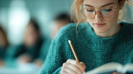 Young woman in a green sweater, fully engaged in her studies, writing in a notebook with a pencil, emphasizing commitment to learning and concentration in an academic setting.