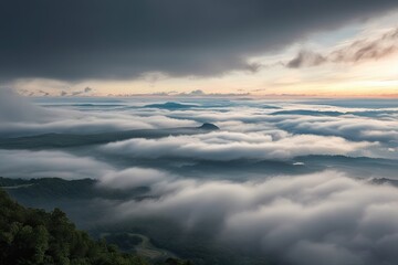 Fototapeta premium Misty Clouds Obscure Vistas on Airy Backdrops: A Photorealistic Cloud Panorama Illustration
