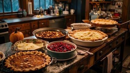 Rustic Thanksgiving Feast with Pies and Side Dishes in Kitchen