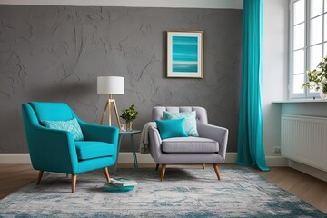 Pastel Teal and Turquoise Accent Chair in Contemporary Living Room with Grey Plaster Wall Texture