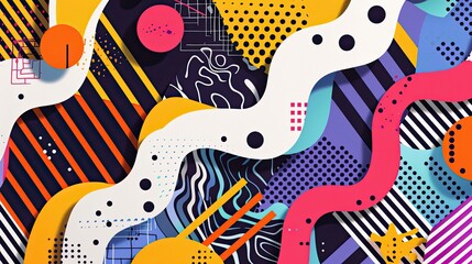 Background with bold maze patterns dynamic lines and vibrant polka dot textures