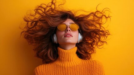 A woman with curly hair wearing headphones listens to music in front of a vibrant orange background, dressed in a cozy yellow sweater, representing relaxation and joy.