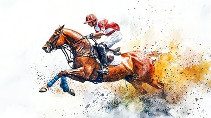 Dynamic equestrian artwork capturing a horse and rider mid-jump with vibrant colors and abstract splashes.