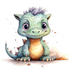 Watercolor illustration of baby dinosaur on white background.