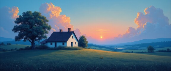 Beautiful scenery of rural ranch. AI generated image.