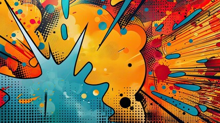 Orange backdrop with pop art elements showcasing speed lines dots and abstract shapes