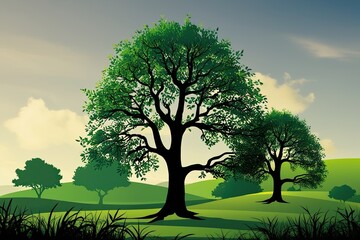 Obraz premium Nature-Inspired Tree Silhouettes Interwoven with Lush Greenery in Picturesque Landscapes
