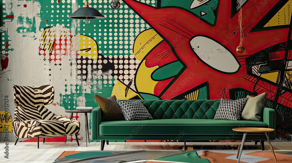 Wall mural wallpaper with comic book elements green shades geometric patterns and halftones