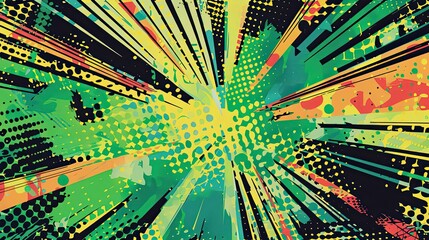 Retro-inspired green wallpaper with starbursts and halftone gradient patterns