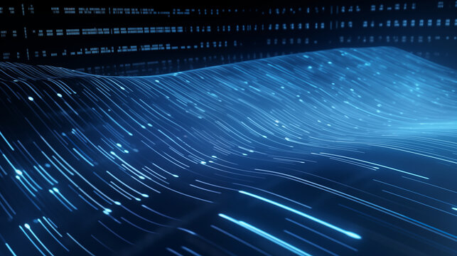 Wave of Digital Blue Light Streaks with Binary Code and Futuristic Flow