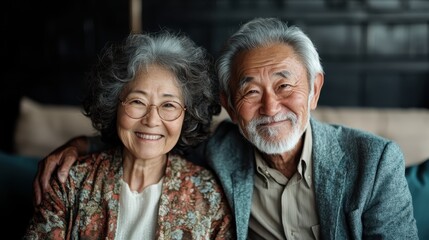 Joyful elderly couple with gray hair and glasses, sitting closely together indoors with warm smiles, capturing their loving relationship and happiness.