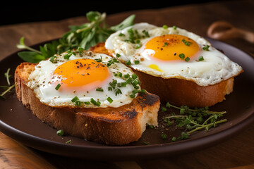 Fried egg  on crusty bread. Tasty breakfast. Delicious food.