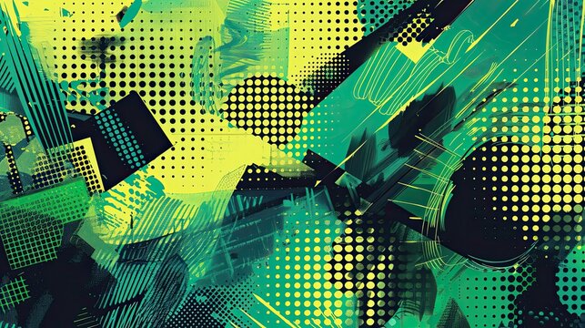 Fototapeta Energetic green backdrop with abstract shapes and bold halftone effects