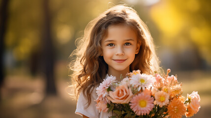 Fototapeta premium Little girl with bouquet of flowers