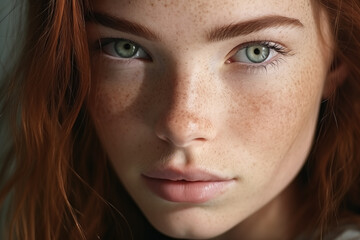 portrait of a young woman with freckles and green eyes