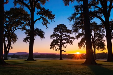 Vibrant Sunrise Silhouette Surrounded by Majestic Oak Trees in a Tranquil Landscape