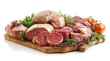 Fototapeta premium Assortment of raw meat on a wooden cutting board with fresh herbs, peppercorns, and tomatoes.