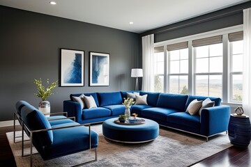 Fototapeta premium Elegant Contemporary Living Room Decor with Gray Walls and Blue Sectional Sofa