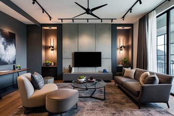 Fototapeta premium Innovative Living Space Design Featuring Obsidian Gray and Taupe Colors Microcement Walls and Stylish Office Accessories