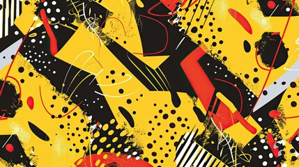 Wallpaper with yellow hues geometric shapes comic elements and vibrant dotted patterns