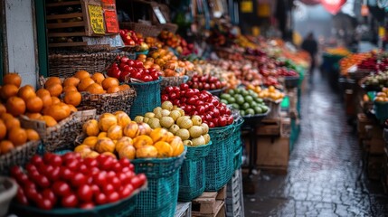 A busy fruit market offering a wide range of brightly colored fruits including apples, oranges, pears displayed in baskets, creating a vivid and appetizing scene full of freshness and vitality.