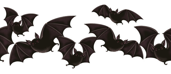 Seamless border with Halloween flying black bat in cartoon style. Hand drawn endless dark holiday design element. Dark mystical edged template for night autumn graphic and spooky season cards.